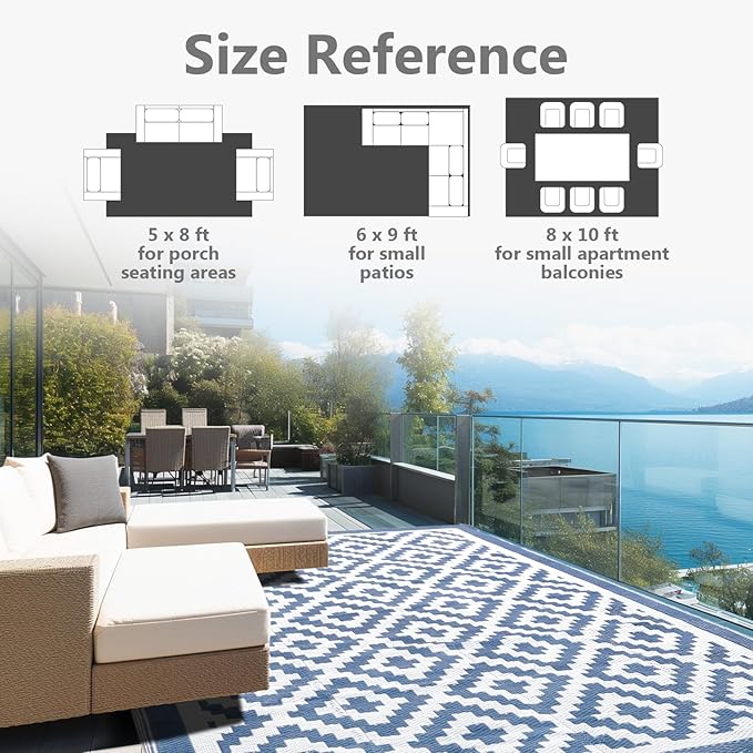 Outdoor Rug 8x10 Patio Waterproof, Plastic Straw Outdoor Carpet - UV Resistant Reversible Indoor Outdoor Rugs for Porch, Camping, Poolside, RV, Balcony, Easy to Clean, Blue and White