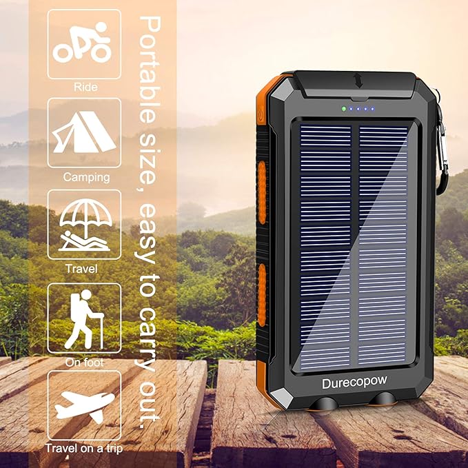 Solar Charger Power Bank, 20000mAh Portable Outdoor Waterproof Solar Battery Charger, Camping External Backup Battery Pack USB C Ports Input/Output, 2 Led Light Flashlight with Compass (Orange)