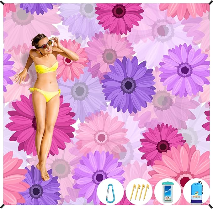 BYDOLL Beach Blanket Waterproof Sandproof 78''×81'' Suits1-4 Adults Compact Lightweight Oversized Sand-Free Blanket Large Picnic Mat for Beach Travel Camping Hiking