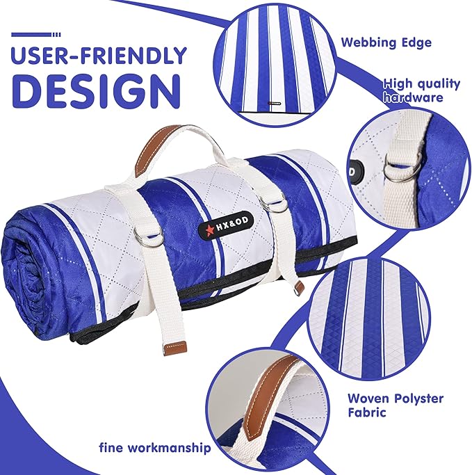 HX&OD Outdoor Picnic Blanket Extra Large, 80”x80” Waterproof Picnic Mat Foldable Camping Blanket Portable with Carry Strap for Beach Mat (Bright Blue&White)