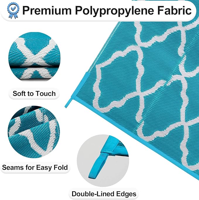 OutdoorLines Outdoor Plastic Area Rugs for Patio 4x6 ft - Reversible Outside Carpet, Stain & UV Resistant RV Mats, Straw Rug for Camping, Deck Garden, Porch and Balcony, Moroccan Teal & Light Grey