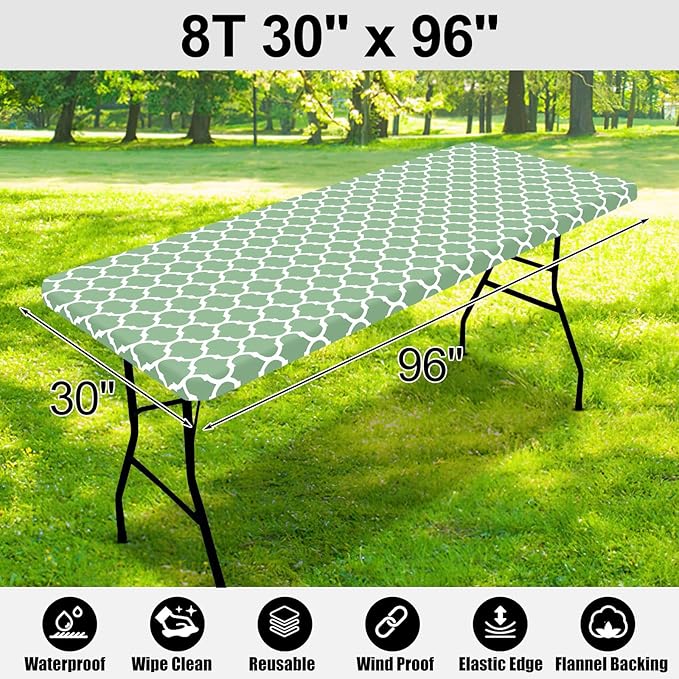 Smiry Rectangle Picnic Table Cover, Waterproof Elastic Fitted Camping Tablecloths for 8 Foot Tables, Wipeable Flannel Backed Vinyl Tablecloth Protector for Indoor, Outdoor (Sage Green, 30x96 Inches)