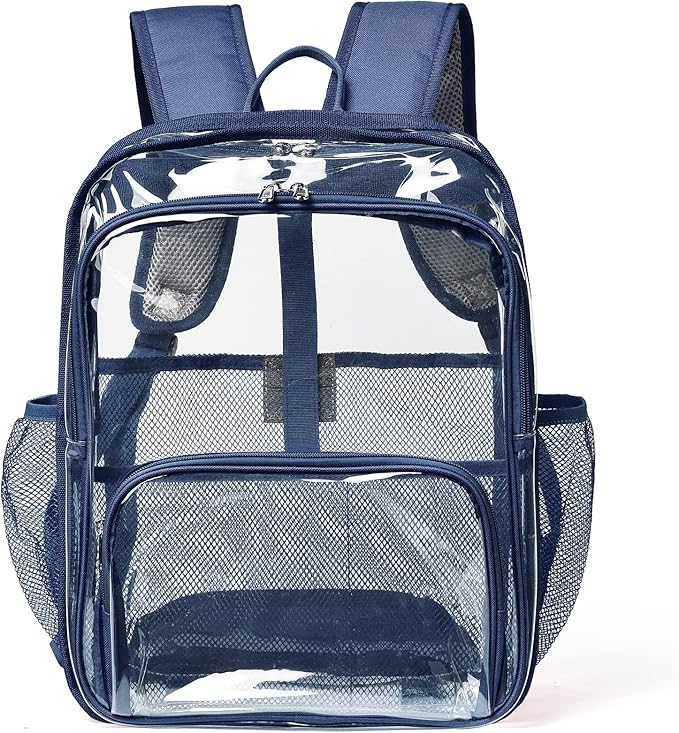 Clear Backpack, 15'' Clear Backpacks for School Heavy Duty See Through Bookbag Multi-pocket PVC Backpack for Men Women, Navy Blue