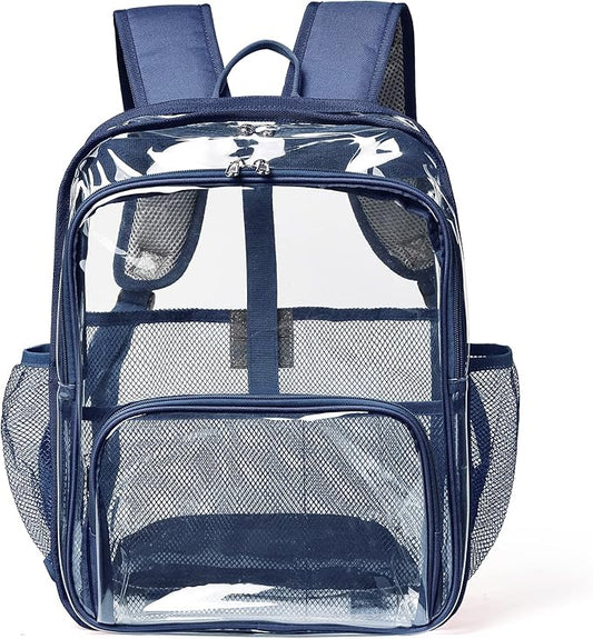 Clear Backpack, 15'' Clear Backpacks for School Heavy Duty See Through Bookbag Multi-pocket PVC Backpack for Men Women, Navy Blue