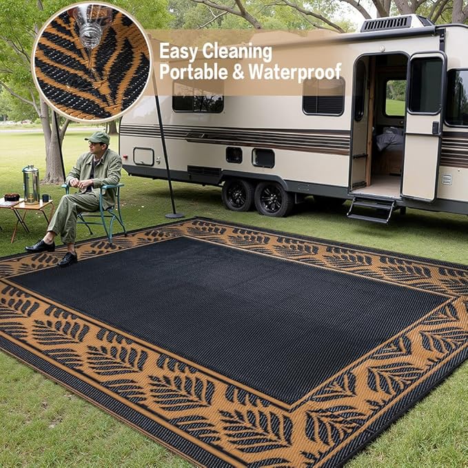 Outdoor Plastic Rug 6'x9' Waterproof Camping Carpet Outside Area Rug Reversible Brown Rugs for RV Deck Entryance Porch Picnic Balcony Beach