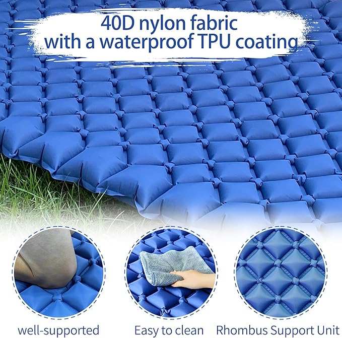 ONTYZZ Double Ultralight Inflatable Sleeping Pad for 2 Persons, Camping, Blue, Waterproof with Built-in Foot Pump