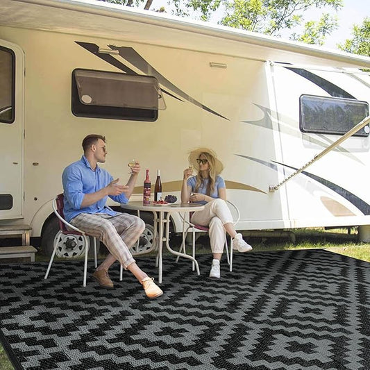 Outdoor Patio Plastic Straw Rug - 9'x18' Outdoor Camping Rug Waterproof Reversible, Area Carpet Patios Clearance RV, Outside Porch Balcony Deck for Camper, Black & Grey