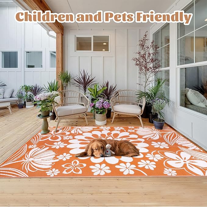 Ileading Outdoor Plastic Straw Rug 5x8ft Funny Floral Style Reversible Patio Area Rugs Waterproof Non Shedding Portable Carpets for Rv Outside Deck Pool Beach Picnic Camping (Orange)