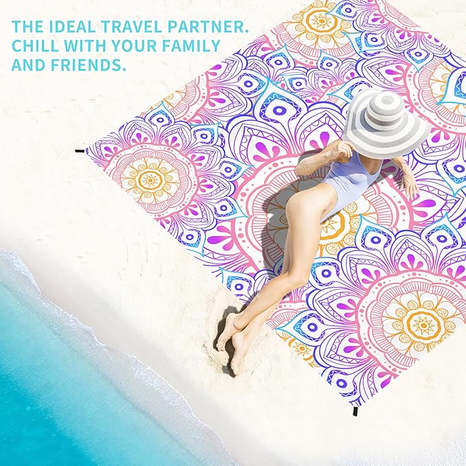 BYDOLL Beach Blanket Waterproof Sandproof 78''×81'' Suits1-4 Adults Compact Lightweight Oversized Sand-Free Blanket Large Picnic Mat for Beach Travel Camping Hiking