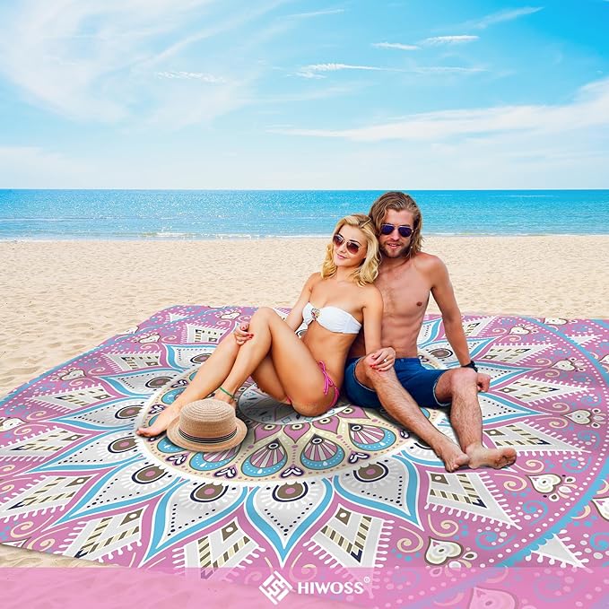 Beach Blanket Waterproof Sandproof Oversized 95”x 80”,Sand Free Beach Mat with Corner Pockets,Portable Mesh Bag for Beach Festival,Picnic,Travel and Outdoor Camping (Rosepink Blue)