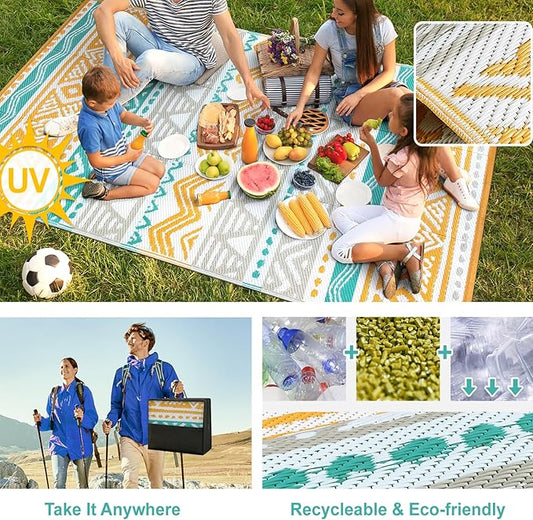 Lahome Outdoor Rug Waterproof, 5x8ft Reversible Outdoor Plastic Straw Rug for Camping Patio, RV Outdoor Rugs Outside, Outdoor Carpet for Porch Deck Backyard Balcony Picnic(Blue/Yellow,5'x 8')