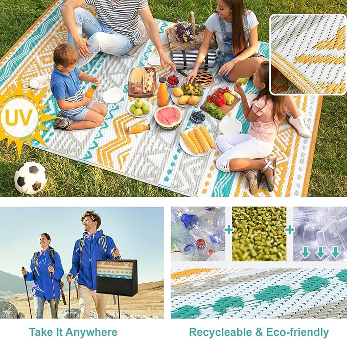 Lahome Waterproof Outdoor Rug 9x12, Reversible Outdoor Plastic Straw Rug for Patio, RV Camping Rugs Picnic Mat Outside, Large Outdoor Carpet for Beach Deck Backyard(Blue/Yellow,9'x 12')