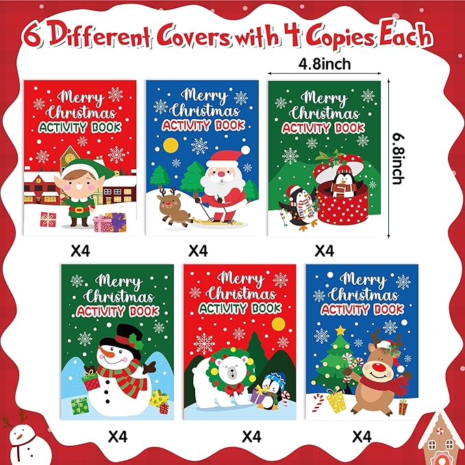 Christmas Activity Books for Kids - 24Pcs Merry Christmas Mini Games Coloring Book Set Bulk Mazes Word Search Word Scramble Games for Xmas Stockings Goodie Bags Stuffer Filler Holiday Party Supplies