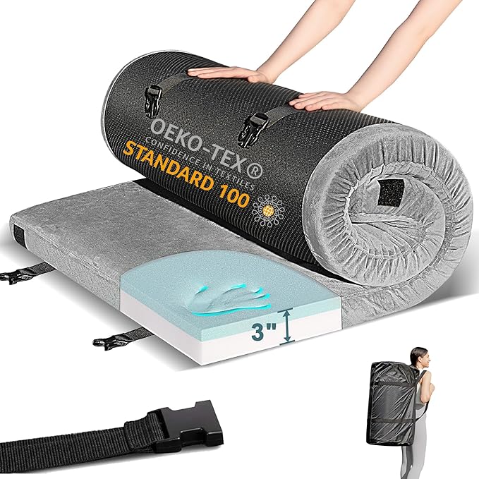 Memory Foam Camping Mattress Pad, CertiPUR-US Waterproof Portable Roll Up Mattress for Adults, Thick Floor Sleeping Mat Pad for Car Truck Tent with Travel Bag