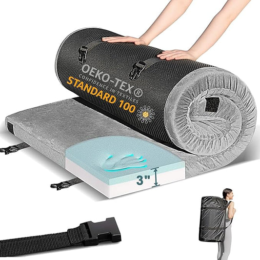 Memory Foam Camping Mattress Pad, CertiPUR-US Waterproof Portable Roll Up Mattress for Adults, Thick Floor Sleeping Mat Pad for Car Truck Tent with Travel Bag