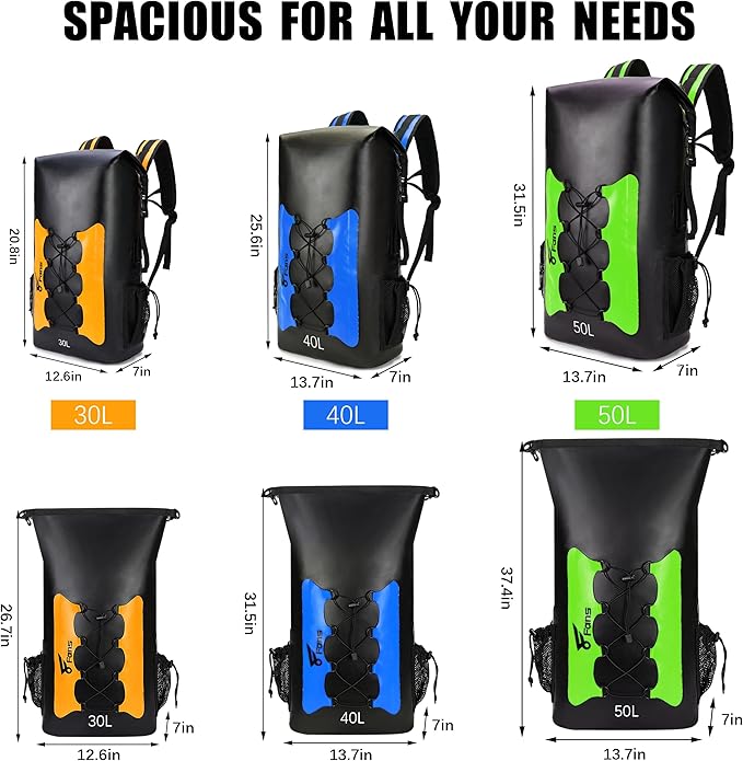 8 Fans Waterproof Backpack 40L,Floating Dry Bag with Phone Case,Roll Top Closure Waterproof Bag for Kayak Boating Sailing Canoeing Rafting Fishing Camping Blue
