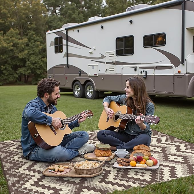 GENIMO Outdoor Rug for Patio, 5' x 8' Lightweight Waterproof Plastic Straw Rugs, Reversible Camping Carpet, Large Area Rugs Mat for RV, Deck, Balcony, Porch, Backyard, Coffee & Beige