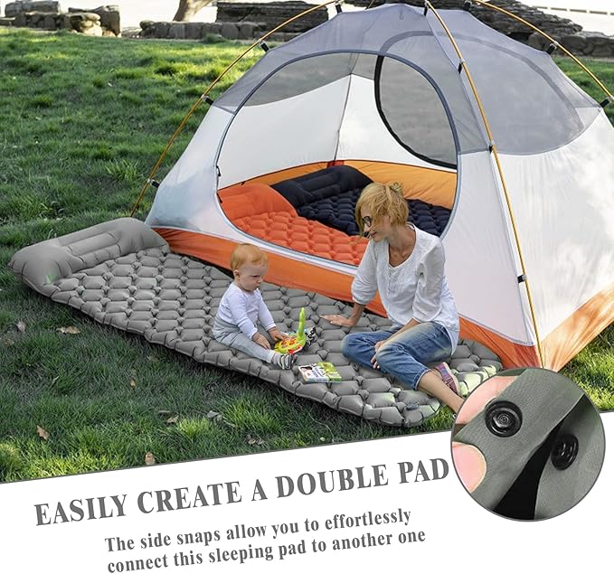 MEI&CO Ultra-Light Inflatable Sleeping Pad with Built-in Pillow & Foot Pump – for Camping, Hiking & Backpacking – Single Pad with Side Buttons for Double Conversion (1, Gray)