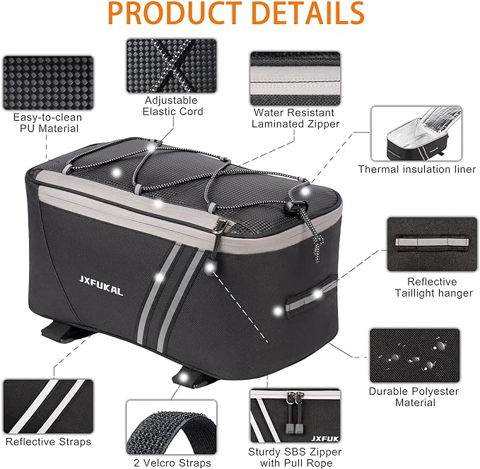 JXFUKAL Rear Bike Rack Bag with Rain Cover, 7L/9L/10L/12L Waterproof Bicycle Ebike Saddle Bag Cycling Pannier Trunk Carrier with Reflector & Adjustable Cord for Commuter Travel Outdoor