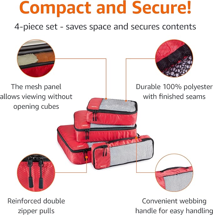 Amazon Basics Packing Cubes for Travel, Packing Organizers Set, 4-Piece-Set (Slim, Small, Medium, Large) With Double Zipper Pulls and Mesh Top Panel, 100% Durable Polyester, Red