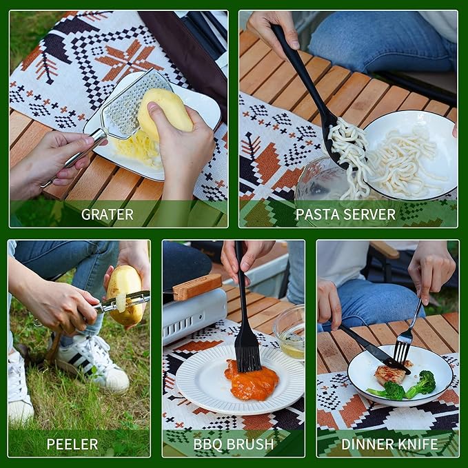 Camping Cooking Essentials Utensils Set - Camp Cookware Kitchen Accessories Kit, Camper Gear Must Haves, Stainless Steel & Silicone, RV Car Portable Outdoor Equipment Tool