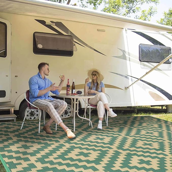 Outdoor Patio Plastic Straw Rug - 8'x10' Outdoor Camping Rug Waterproof Reversible, Area Carpet Patios Clearance RV, Outside Porch Balcony Deck for Camper, Green & Yellow