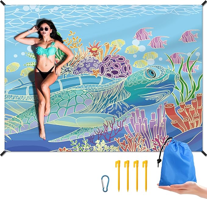 Beach Blanket Waterproof Sandproof Large Beach Mat 83" X 106" for 3-5 Adults Sand Free Mat Quick Drying,Lightweight & Durable with 4 Stakes & 4 Corner Pockets for Beach Camping