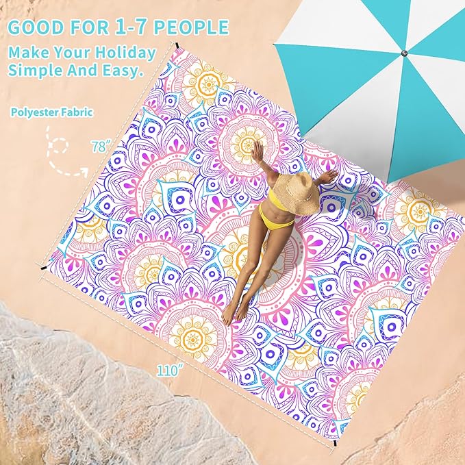 BYDOLL Beach Blanket Waterproof Sandproof 78''×110'' Suits1-7 Adults Compact Lightweight Oversized Sand-Free Blanket Large Picnic Mat for Beach Travel Camping Hiking