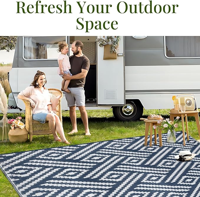 OPPODREAM Outdoor Rug 5x8 Ft, Waterproof Outdoor Plastic Straw Rug for Patio, Reversible Out Door Carpet for Camping, Deck, Rv, 5 x 8 Area Carpet for Balcony, Porch, Backyard, White and Navy Blue