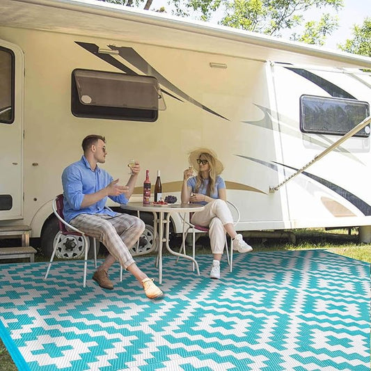 Outdoor Patio Plastic Straw Rug - 9'x12' Outdoor Camping Rug Waterproof Reversible, Area Carpet Patios Clearance RV, Outside Porch Balcony Deck for Camper, Blue & White