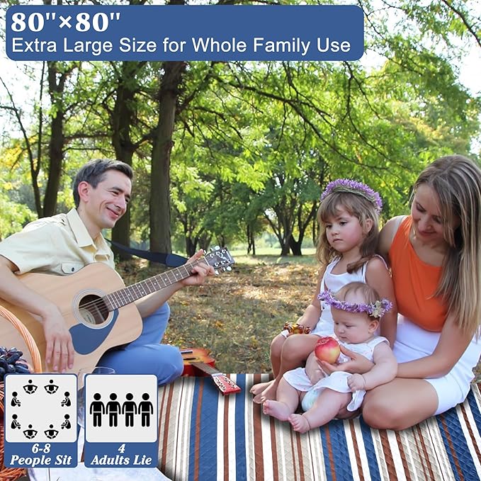 HX&OD Picnic Mat; Picnic Blanket; Waterproof Picnic Mat.(Dark Blue & Brown, 80”x 80”)