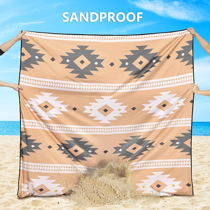Beach Blanket, Sandproof Beach Mat, Waterproof Quick Drying Lightweight Outdoor Aztec Picnic Mat 79" X 83" for 2-4 Adults with Pocket for Travel, Camping, Hiking
