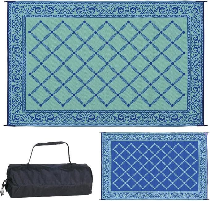 Stylish Camping 116093 6-feet by 9-feet Reversible Mat, Plastic Straw Rug, Large Floor Mat for Outdoors, RV, Patio, Backyard, Picnic, Beach, Camping (Blue/Light-Green)
