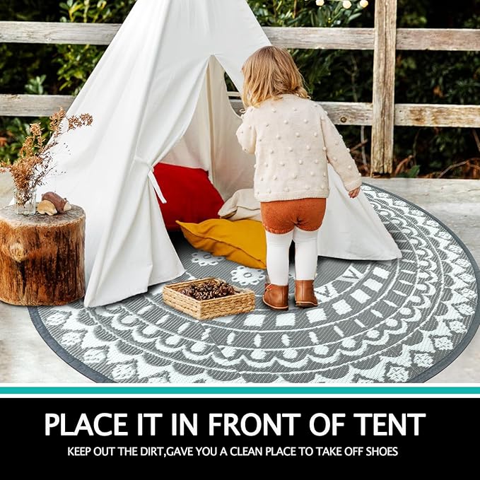 Capslpad 6Ft Round Outdoor Rug for Patios Clearance Reversible Mat Plastic Straw Patio Rugs Lightweight RV Camping Mat Circle Outside Area Rug Carpet for Balcony Deck Trailer Picnic BBQ, Grey