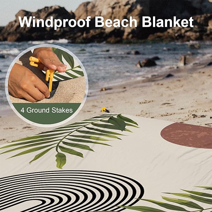 Bohemian Beach Blanket Waterproof Sandproof, 110''×118'' Oversized Sand Free Beach Mat 8 Adults, Polyester Lightweight Compact Picnic Blanket w/ 4 Stakes for Travel, Camping, Hiking - Rainbow Leaves