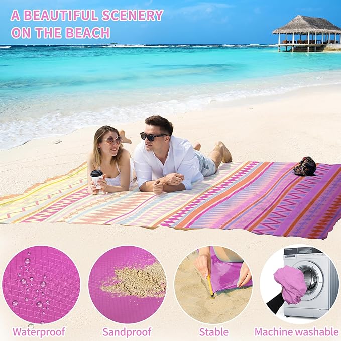 BYDOLL Beach Blanket Waterproof Sandproof 78''×81'' Suits1-4 Adults Compact Lightweight Oversized Sand-Free Blanket Large Picnic Mat for Beach Travel Camping Hiking