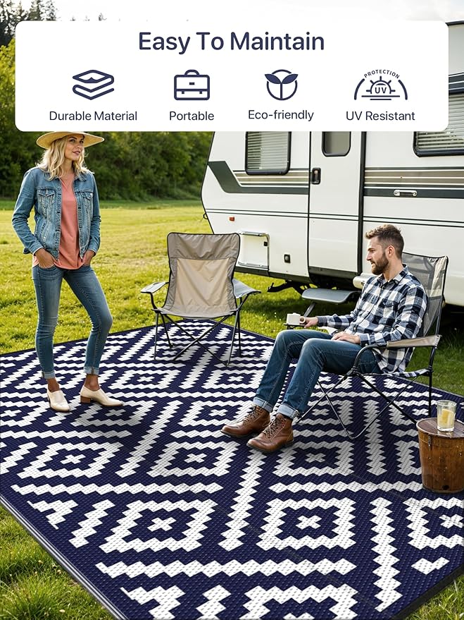 GENIMO Outdoor Rug for Patio Clearance,6'x9' Waterproof Mat,Reversible Plastic Camping Rugs,Rv,Deck,Porch,Camper,Balcony,Backyard (Navy Blue & White)