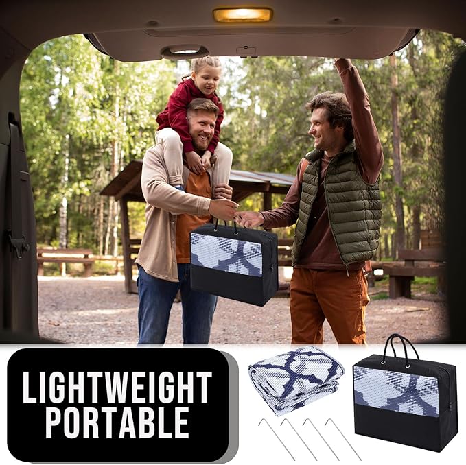 OLANLY Reversible Outdoor Rug 9x12 ft Clearance, Waterproof Outdoor Plastic Straw Rug with Interlacing Pattern, RV Mat for Patio, Camping, Balcony, Deck, Backyard, Navy & White