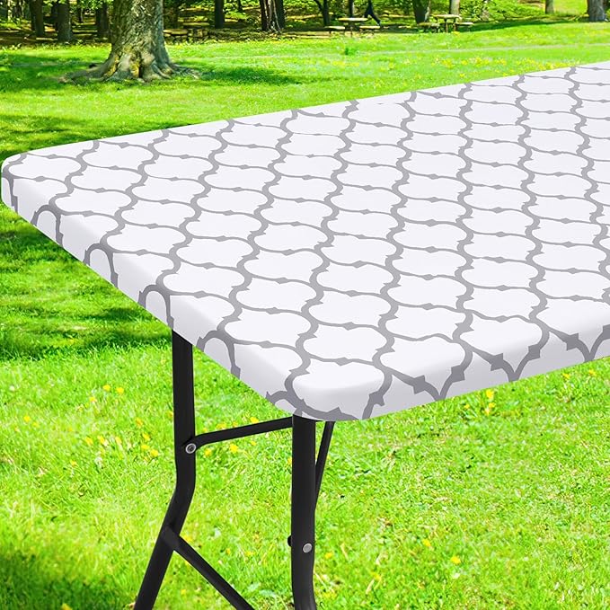 Smiry Rectangle Picnic Table Cover, Waterproof Elastic Fitted Camping Tablecloths for 8 Foot Tables, Wipeable Flannel Backed Vinyl Tablecloth Protector for Indoor, Outdoor (White, 36x96 Inches)