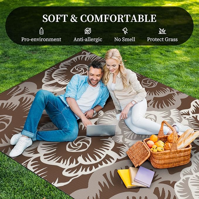 MontVoo Outdoor Rug 8x10 Waterproof Patio Rug-Outdoor Carpet Mat Reversible Plastic Straw Outside Outdoor Rug for RV Camping Picnic Beach Balcony Backyard Pool Deck Farmhouse Floral Beige Brown