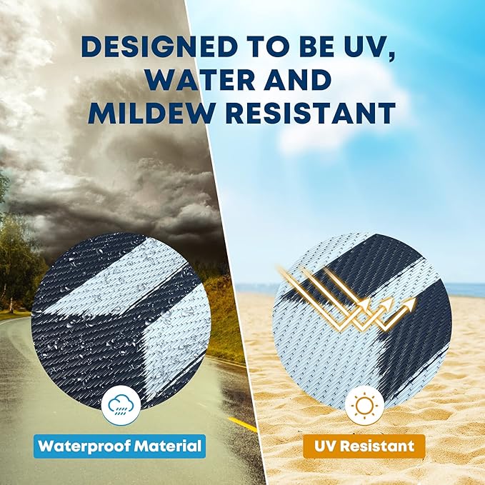 Kohree RV Outdoor Rug 9x12 Reversible, Waterproof RV Awning Rug Patio Mat with 4 Stakes & UV Resistant, Non-Slip Outdoor Camping Mat for Picnic, Backyard, Includes Carry Bag (Blue)