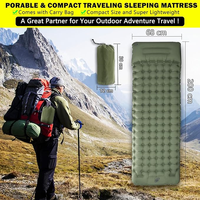 Green Self Inflating Sleeping Pad for Camping, Outdoor Camping Mattress Pad Inflatable Sleeping Mat, Single Air Mattress with Pillow, Inflatable Sleeping Mat Camping Pad for Hiking Car Tent