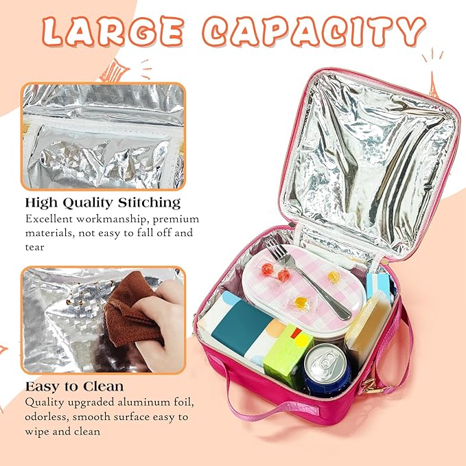 Insulated Lunch Bag Women Lunch Box Kids for Teen Girls Boys, Cute Preppy Lunch Boxes With Adjustable Shoulder Strap, Waterproof Nylon Lunchbox Lunch Bags for School Work Picnic (Wine)