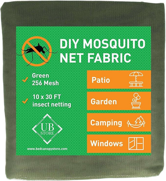 Green DIY Mosquito Net Fabric | 10x30 FT Netting | Insect Cover for Garden, Patio, Outdoor & Windows | Multiple Sizes in Black, White & Green | Raised Bed Screen Mesh Barrier