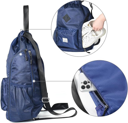 ALUSBELL Large Drawstring Backpack Bag, Sports Gym Bag String Sackpack with Shoes Compartment, Waterproof String Bag Cinch for Women Men(Navy Blue)