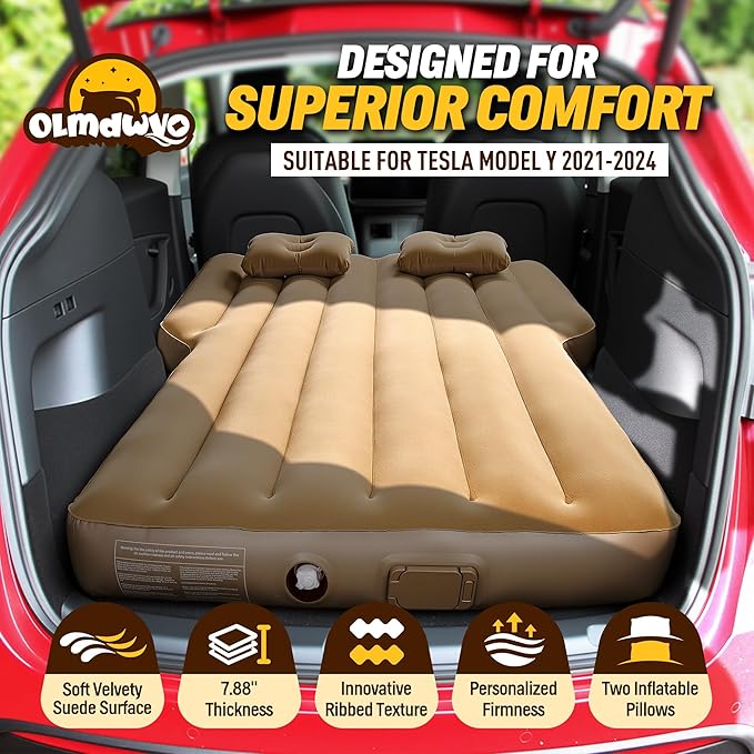 Camping Air Mattress for Tesla Model Y (Max 440lbs), Self-Inflating Car Sleeping Pad with Wireless Charging Air Pump, 7.88” Thick, Portable Sleeping Mat for Tesla Model Y Accessories 2024-2021