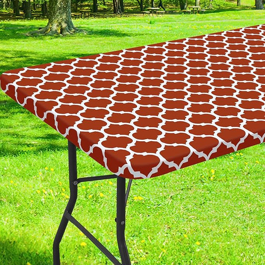 Smiry Rectangle Picnic Table Cover, Waterproof Elastic Fitted Camping Tablecloths for 6 Foot Tables, Wipeable Flannel Backed Vinyl Tablecloth Protector for Indoor, Outdoor (Rust, 30x72 Inches)