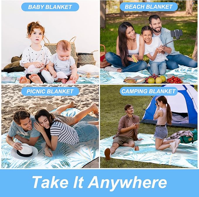 Picnic Blankets Outdoor Extra Large Thick- Waterproof Beach Mat Sand Free Foldable with Carry Strap,Portable Camping Blanket, Park Blanket for Grass Lawn Hiking Travel Concerts Gifts Ideas