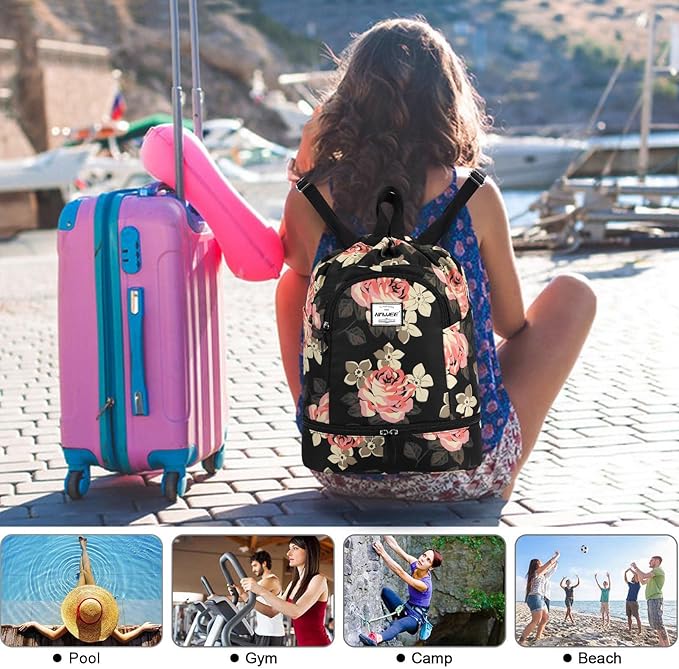 Dry Wet Drawstring Backpack with Shoe Compartment for Women Adjustable Gym Bag