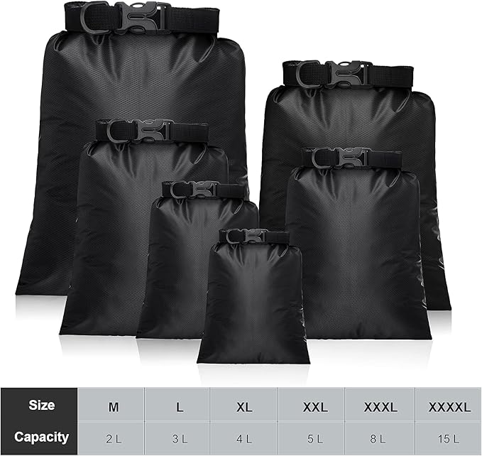 Shappy 6 Pcs Waterproof Dry Bag Set 6 Sizes Lightweight Sacks and Long Adjustable Shoulder Strap Outdoor Water Proof Keep Gear Dry Bag Stuff Sacks for Backpacking, Boating, Hiking, Camping (Black)